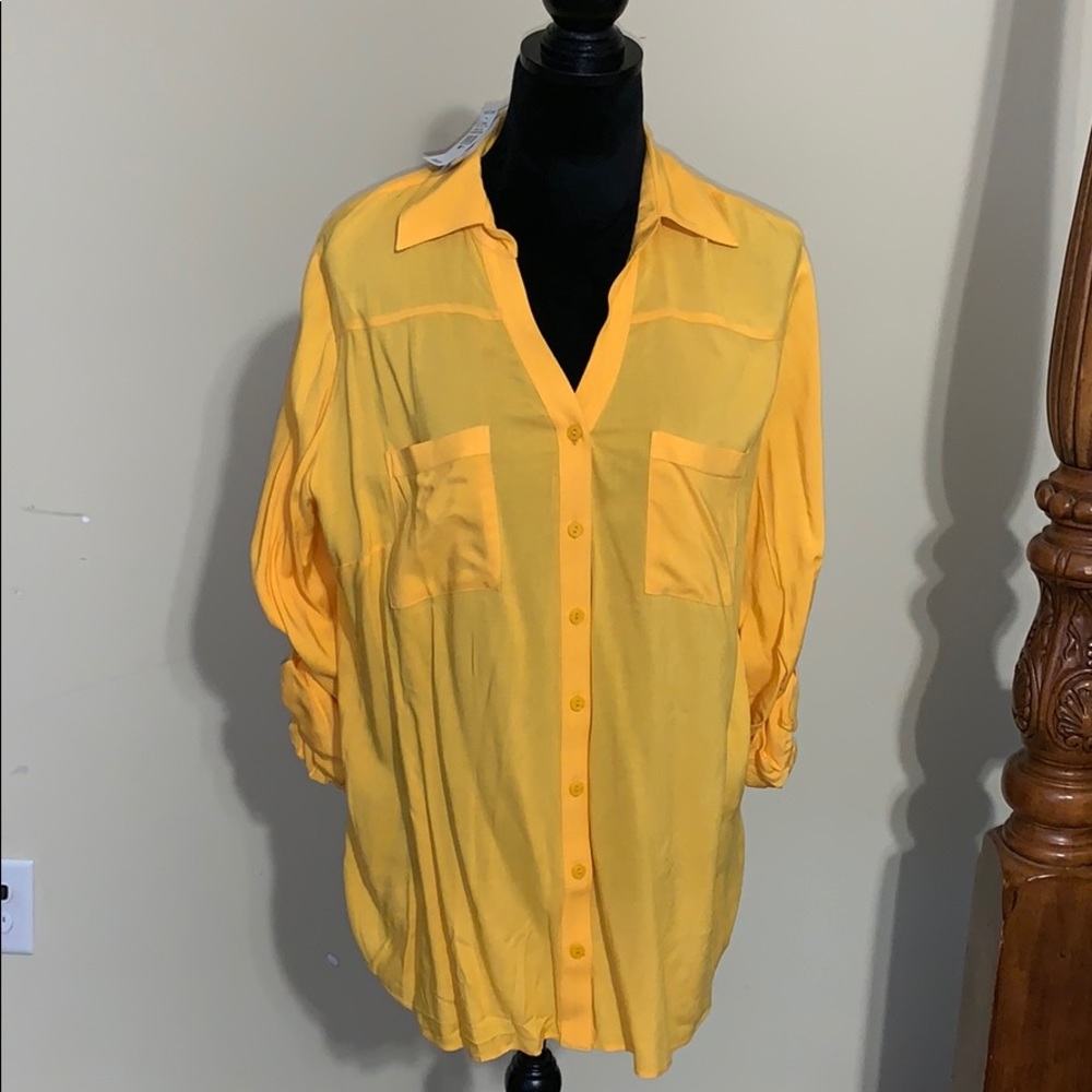 Ashley Stewart 14 W Gold Adjustable Sleeve Blouse